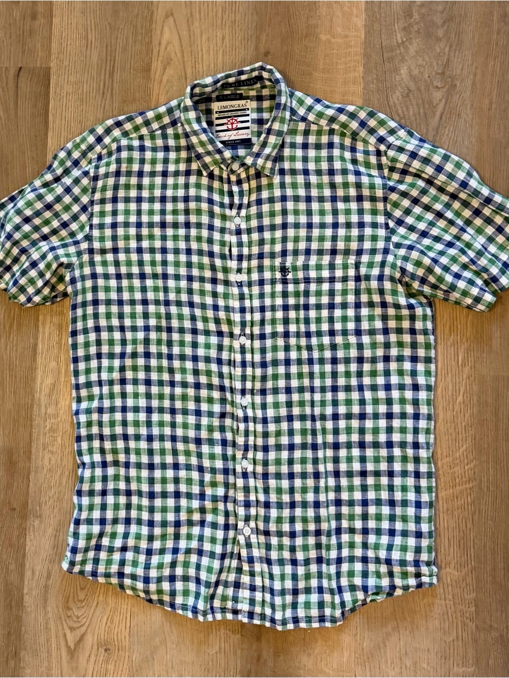 Lemongras Pure Linen Plaid Button Down Shirt Men’s XL Blue Green Short Sleeve